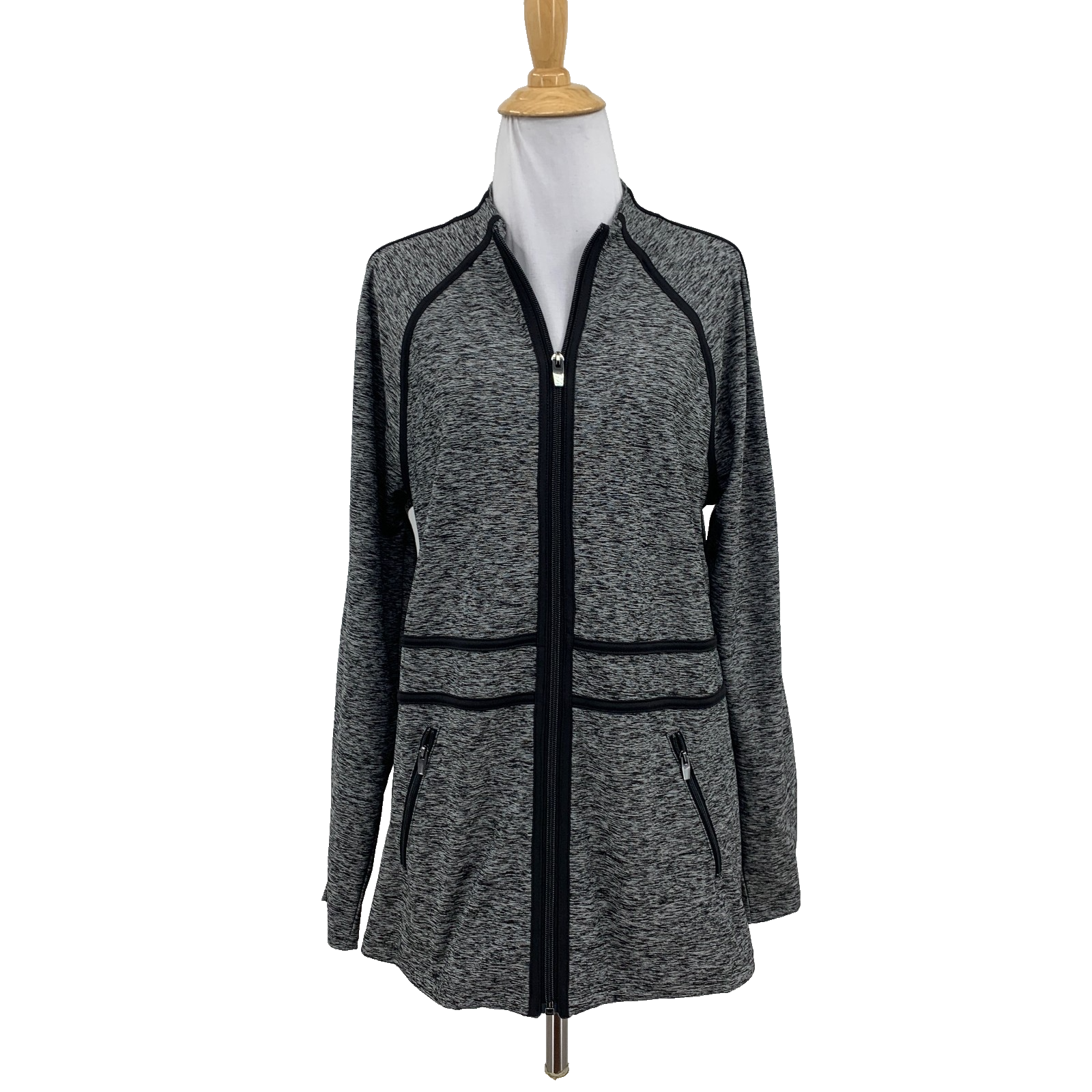 Chicos Zenergy Jacket Womens 1 Black Gray Zip Up Track Heathered Piping Lines